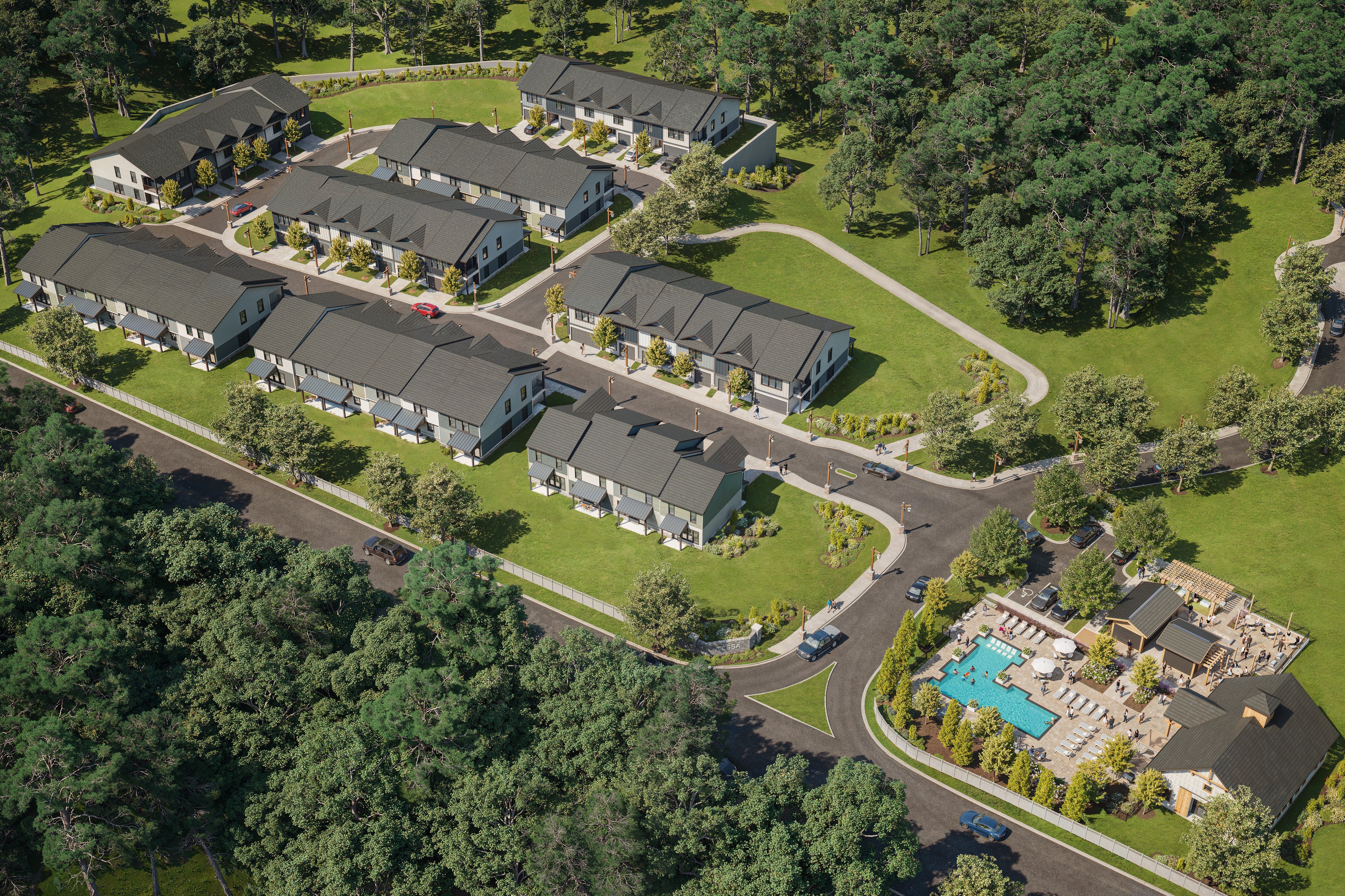 A bird's eye view of a residential area with houses and a swimming pool.